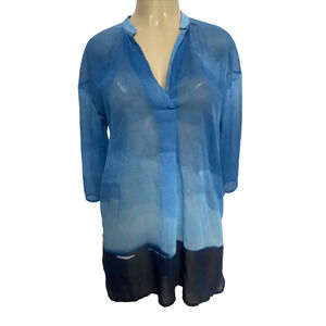 H Halston Blue Tunic Sheer Ombre V Neck Half Sleeve Cover Up Overlay Hig…